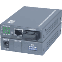 Fast Ethernet Desktop Medienkonverter mit 1x 10/100MBit/s 100Base-TX RJ-45 Port und 1x 100Base-FX Multimode / Singlemode (Monomode) / BiDi (WDM / SingleFiber) oder CWDM Port, Optimiertes Latenzverhalten, auto-negotiation, auto MDI/MDI-X, Abmessungen 108x75.5x23mm, Betriebsspannung +5V..+12V DC, Verbrauch max. 2W. Betriebstemperatur -5°C..+50°C, RH 5..95% nicht kondensierend, FCC class B, CE class B, Remote Port Status (LED), 19" Rack Installation mit Artikelgruppe  0961138 oder  0961398.