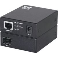 Compact Gigabit Ethernet media converter, miniature format with 1x 10/100/1000 MBit/s 1000Base-T RJ-45 port and 1x 100/1000 MBit/s dual speed SFP slot for 100Base-FX,/ 1000Base-SX or 1000Base-LX SFP modules, 9.2KBytes Jumbo frame support, incl. Fast Ethernet or Gigabit Ethernet SFP module (s. Selection box) and wall wart.