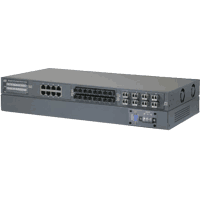 24 port managed Gigabit Ethernet modular switch with 3 slots for 8 port Fast Ethernet / Gigabit Ethernet modules with SFP slots rsp. Ports for RJ-45, fiber optic ST/BFOC or SC connector. Input voltage 100..240V AC or 40..72V DC, dimensions 443x245x43mm 1HU, delivery incl. 19"-mounting kit. Management: Console CLI, Telnet CLI, web, SNMP v1/v2C/v3, SSH, HTTPS, VLAN, QoS, LACP, STP, RSTP, MSTP, IGMP, DHCP client, ACL, SNTP client, LLDP, 802.1X RADIUS authentication, bandwidth control, Broadcast Storm control, Configuration download/upload.