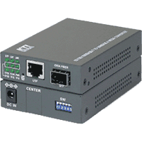 Gigabit Ethernet bridging media converter in a desktop chassis with 1x 10/100/1000MBit/s 1000Base-T RJ-45 port and 1x 100/1000MBit/s dual speed 1000Base-X slot for 1000Base-X SFP modules, web management 802.1Q VLAN, QoS, SNMP Traps, Loop Back test, 9600 Bytes Jumbo Frames, operating temperature -40°C..70°C (wall wart 0..40°), dimensions 108x72.5x23mm. Approvals FCC Class A, CE mark Class A, VCCI Class A, C-Tick. 19" mounting see product group  0961138 or  0961398  DIN rail see item 09611428 (selection box)