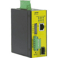 Industrial terminal Server (Com Server) with 1x RS-485 / RS-422 fieldbus at screw terminal galvanic isolated, 100Base-TX 10/100 MBit/s Fast Ethernet RJ-45 port PoE PD (powered device) and 1x 100Base-FX 100MBit/s SFP slot. Bandwidth max. 230400 Bit/s, relay contact, operating temperature -30°C..+70°C, operating voltage +8..+60V DC or 802.3af POE, consumption max.2W @ 24V DC, 3W @ 48V PoE, fanless metal case, dimensions WxDxH 40x80x95mm, mounting on 35mm DIN rail. Approvals FCC Class A, VCII Class A, CE Class A.