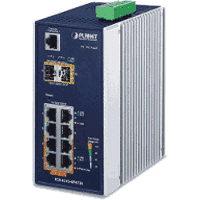 10 port L2 / L4 managed Gigabit Ethernet industrial switch with 8x 10/100/1000MBit/s 1000Base-T RJ-45 ports, thereof 4x IEEE 802.3at PoE+ and 2x 100/1000MBit/s dual speed 1000Base SFP slot, SNMPv3, 802.1Q VLAN, IGMP Snooping, SSL, SSH, ACL. Operating temperature -40°C .. +75°C, input voltage 48V .. 56V DC, redundant at screw terminal, for mounting on 35mm DIN rail.