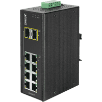 Managed 10 port Industrial Gigabit Ethernet switch with 8x 10/100/1000MBit/s 1000Base-T RJ-45 ports and two SFP slots for 100/1000MBit/s 100Base-FX and / or 1000Base-SX / 1000Base-LX SFP modules, suitable for singlemode or multimode fiber optic cable with LC connector. Supports Jumbo Frames, 20GBps, 14.8MPps. Metal case, protection class IP30, operating voltage: 12V..48V DC redundant, protection ESD 6KV DC, EFT 6KV DC, dimensions 87.8x135x56mm (WxDxH). Management web, Telnet, SNMP v1, v2c, SSH, SSL, SNMP v3, STP, RSTP, MSTP, VLAN, QoS, IGMP, MLD...