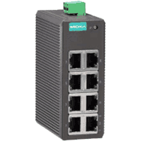 Industrial Fast Ethernet switch IEEE 802.3/802.3u/802.3x with 8x 10/100Mbit/s 10/100Base-FX RJ-45 ports, operating temperature -10°..60°C, DIN rail mountable, dimensions HxWxD 40x109x95 mm, IP20, input voltage 12V..45V DC or 18V..30V AC. Lieferanten item MOXA EDS-208.<br>sellout (request remaining stock)