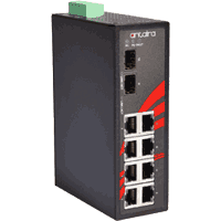 Gigabit Ethernet industrial switch with 8x 10/100/1000MBit/s 1000Base-T RJ-45 ports and 2x 100/1000MBit/s dual speed SFP slot. Auto MDI/MDI-X, IP30, rugged metal case dimensions WxHxD 46x142x99mm, redundant power, polarity reverse protection, overload current protection, input voltage 12..48V DC, removable terminal block, consumption: 10W, operating temperature see selection box, wall mounting and 35mm DIN rail mounting kit (both included in delivery). Antaira LNX-1002G-SFP.