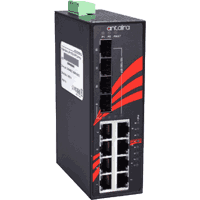 Industrial Gigabit PoE+ Power over Ethernet switch with 8x 1000/100/10MBit/s 1000Base-T RJ-45 high power PoE+ ports according to IEEE 802.3at standard max. 30W /port and 4x 100/1000MBit dual speed SFP slots for 1000Base-SX / 1000Base-LX Gigabit Ethernet or 100Base-FX Fast Ethernet SFP modules for multimode or singlemode fiber optic lines. 9.6KB Jumbo frame support, input voltage 48..55V DC, rugged metal case IP30, dimensions WxDxH 46x99x142mm, DIN rail mountable, operating temperature see selection box, RH 5%..95% non condensing. Antaira LNP-1204G-SFP.