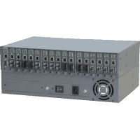 Fiber optic converter housing for max. 16 Fast and Gigabit Ethernet media converter the series  0961300D and  0961300M , 2HU, Eingangsversorgumg: 90..264V AC, 60W, WxHxD 443x88x300mm, operating temperature -5°C..40°C, RH 5%..95% non-condensing, optional redundant power supply and / or management support.