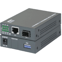 Gigabit Ethernet Medienkonverter mit 1x 10/100/1000 MBit/s RJ-45 Port und 1x 100/1000 MBit/s Dual Speed SFP Steckplatz inkl. SFP Modul (siehe Auswahlbox), Jumbo Frame Support, Latenzzeit Port zu Port 1μs (cut through), Konfiguration über DIP Schalter, Betriebstemperatur -40°C..70°C, Abmessungen BxTxH 72.5x108x23mm, Betriebsspannung +5V..+12V DC inkl. Steckernetzteil (0°..40°), Zulassungen FCC Class A, CE mark Class A, VCCI Class A, LVD. 19" Montage siehe Artikelgruppe  0961138 oder  0961398  Hutschiene siehe Artikel 09611428 (Auswahlbox).