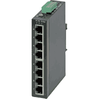 Gigabit Ethernet industrial switch, 8x 1000Base-T 10/100/1000MBit/s RJ-45 ports, auto MDI/MDI-X, Jumbo frame support 9.6KB, IP30, rugged metal case dimensions WxHxD 30x142x95mm, redundant power, polarity reverse protection, overload current protection, input voltage 12..48V DC, removable terminal block, consumption: 5W, operating temperature see selection box, wall mounting and 35mm DIN rail mountable (both included in delivery).