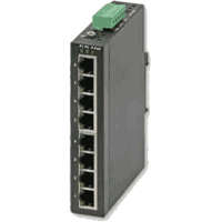 Industrial Gigabit Ethernet PoE switch with 8x 1000Base-T 10/100/1000MBit/s Power over Ethernet ports according to IEEE 802.3at, max. 30W /port (or IEEE 802.3af) pins 1,2,3,6, supports 9.6K Jumbo Frames. Operating temperature -40°C .. +70°C, dimensions WxHxD 26.1x144.3x94.9mm, DIN rail mountable.