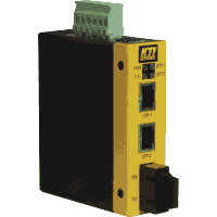 3 Port Fast Ethernet Industrie Switch mit 2x 10/100MBit/s 100Base-TX RJ-45 Ports und 1x 100Base-FX Multimode, Singlemode (Monomode) oder BiDi (WDM / SingleFiber) LWL Port für SC oder ST / BFOC Steckverbinder. Hutschienenmontage, lüfterlosse Metallgehäuse, Abmessungen 28x82x95mm, erweiterter Temperaturbereich, Betriebstemperatur -20°C..+70°C, Alarm Ausgang, Eingangsspannung +7 bis +50V DC.