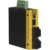3 Port Fast Ethernet Industrie Switch mit 1x 10/100 MBit/s 100Base-TX RJ-45 Port und 2x Fast Ethernet 100Base-FX LWL Ports Multimode mit SC bzw. ST / BFOC Steckverbinder oder Singlemode (Monomode) oder BiDi (WDM / SingleFiber) mit SC Steckverbinder, Hutschienenmontage, lüfterloses Metallgehäuse, erweiterter Temperaturbereich Betriebstemperatur -20°C..+70°C, Abmessungen 28x82x95mm, Alarm Ausgang, Eingangsspannung +7 bis +50V DC.