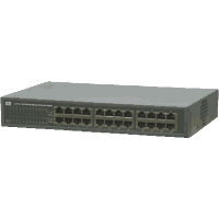 Gigabit Ethernet Switch mit 24x 10/100/1000MBps 1000Base-T RJ-45 Ports. Jumbo Frame Support, Green-IT max. 15W, lüfterloses Metallgehäuse mit internem Schaltnetzteil 100V..24V AC, Zulassungen/Zertifizierungen FCC Class A, CE Class A, LVD. Inkl. 19" Montagekit 1HE.