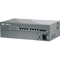 19" 1HE Gigabit Ethernet Switch mit 8x 10/100/1000MBit/s RJ-45 1000Base-T Ports, davon 2x Combo Ports mit SFP Slots: 1x Fast Ethernet 100Base-FX SFP und 1x Gigabit Ethernet 1000Base-SX  oder 1000Base-LX SFP, inkl. 19" Montagewinkel. Optional: PoE PSE Power over Ethernet Einspeisung 15,4W/Port, Web based Management, SNMP, VLAN, QoS, LACP, 802.1x. 802.1w RSTP, 802.1D STP und MSTP, DHCP.