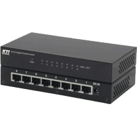 Gigabit Ethernet Desktop Switch mit 8x 10/100/1000MBit/s 1000Base-T RJ-45 Ports, 9,6KB Jumbo Frame Support, IEEE 802.1p QoS classification, Voll- und Halbduplex auf allen Ports, Auto MDI / MDI-X, lüfterloses Desktop Metallgehäuse, Abmessungen BxTxH 155x86x26mm, Eingangsspannung +5V DC über Steckernetzteil, Verbrauch max. 3.5W, Betriebstemperatur 0°C..40°C, CE mark Class B, FCC Class B, RoHS.