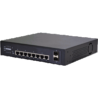 10-port Gigabit Ethernet switch with 8x 1000Base-T 10/100/1000 Mbps RJ-45 ports, thereof 4x PoE IEEE 802.3bt max. 90W /port and 2x 1000Base-X SFP ports for standard SFPs, supports PoE according to IEEE 802.3bt/at/af standard, PoE budget 360W, Plug and Play, Jumbo frame support, operating temperature 0°..40°C, internal power supply 100V..240V AC, 19" mounting.