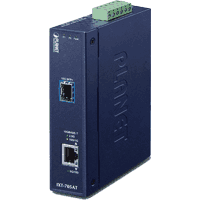Industrial 10 Gigabit Ethernet bridging media converter with 1x 10G/5G/2.5G/1G/100MBit/s 10GBase-T RJ-45 port and 1x 10GBit/s 10GbE SFP+ slot, 16K Jumbo frame support, input voltage 12V .. 48V DC or 24V AC redundant, alarm contact, 6kV DC ESD protection, dimensions WxDxH 32x87x135mm, operating temperature -40° .. +75°C, DIN rail mountable or wall mounting.