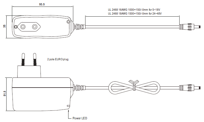 Maßzeichnung 11526048 Steckernetzteil 48V 60W 1.25A -20..+50°C