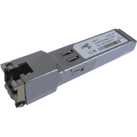 GbE Gigabit Ethernet SFP (mini-GBIC) module with 1x 1000Base-T RJ-45 port 10/100/1000MBit/s Autonegotiation (assumed, the media converter or switch supports the transmission speeds on the SFP port. Otherwise 1000MBit/s.). Max. distance 100m, temperature range 0°C..+85°C also for Industrial Ethernet.