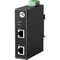 Industrial Power over Gigabit Ethernet injector, data ports 10/100/1000MBit/s 1000Base-T RJ-45, input voltage 12V..55V DC at screw terminal, output according to IEEE 802.3at standard max. 30W, consumption 1.44W + PoE. Operating temperature -40°C..+85°C, relative humidity 5%..95% non condensing, rugged metal case IP30, dimensions WxHxD 26x95x75mm, 35mm DIN rail mountable, overload current protection, reverse polarity protection, CE, FCC Class A