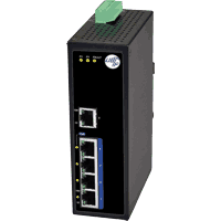 Industrial Fast Ethernet Switch mit 5x 10/100MBit/s 100Base-TX RJ-45 Ports, davon 4x High PoE (PoE+ PSE Endspan) nach IEEE 802.3at Standard. Eingangsspannung 12V..36V DC redundant, Stromverbrauch max. 145W. Robustes Metallgehäuse IP30, Abmessungen BxHxT 46x142x99mm, Reverse Polarity Protection, Overload Current Protection (träge Sicherung), Betriebstemperatur siehe Auswahlbox, 35mm DIN Hutschienenmontage, optional Wandmontage. Zertifizierungen FCC, CE.