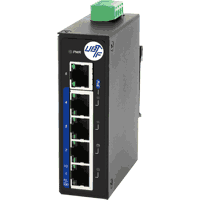 Industrial Gigabit Ethernet Switch mit 5x 10/100/1000MBit/s 1000Base-T RJ-45 Ports, davon 4x High PoE (PoE+ PSE) nach IEEE 802.3at Standard max. 30W /Port. Eingangsspannung 48..55V DC für IEEE 802.3af oder 51..55V DC für IEEE 802.3at, redundant, Stromverbrauch max. 5.5W + PoE (Budget 120W). Robustes Metallgehäuse IP30, Abmessungen BxHxT 30x95x75mm, Reverse Polarity Protection, Overload Current Protection, Betriebstemperatur siehe Auswahlbox, 35mm DIN Hutschienenmontage, optional Wandmontage. Zertifizierungen FCC, CE