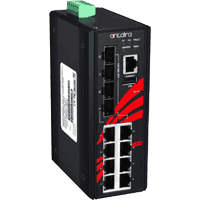 12 Port Industrial Gigabit Ethernet Switch mit 8x 10/100/1000MBit/s 1000Base-T RJ45 High PoE Ports nach IEEE 802.3at/af und 1x Dual Speed SFP Steckplatz. RSTP/MSTP, G.8032 ERPS, Management Web, Console, IGMP, QOS, CoS/ToS, VLAN, SNMP, eMail Alarm. Robustes Metallgehäuse Abmessungen BxHxT 54x142x99mm, Eingangsspannung 48V..55V DC redundant, PoE PSE 48V:25W/Port, 51..55V: 30W/Port, Verbrauch incl. PoE max. 215W, Betriebstemperatur siehe Auswahlbox, Overload Current Protection, Power Reverse Protection, Zulassungen FCC Class A, CE, RoHS, UL (anstehend).